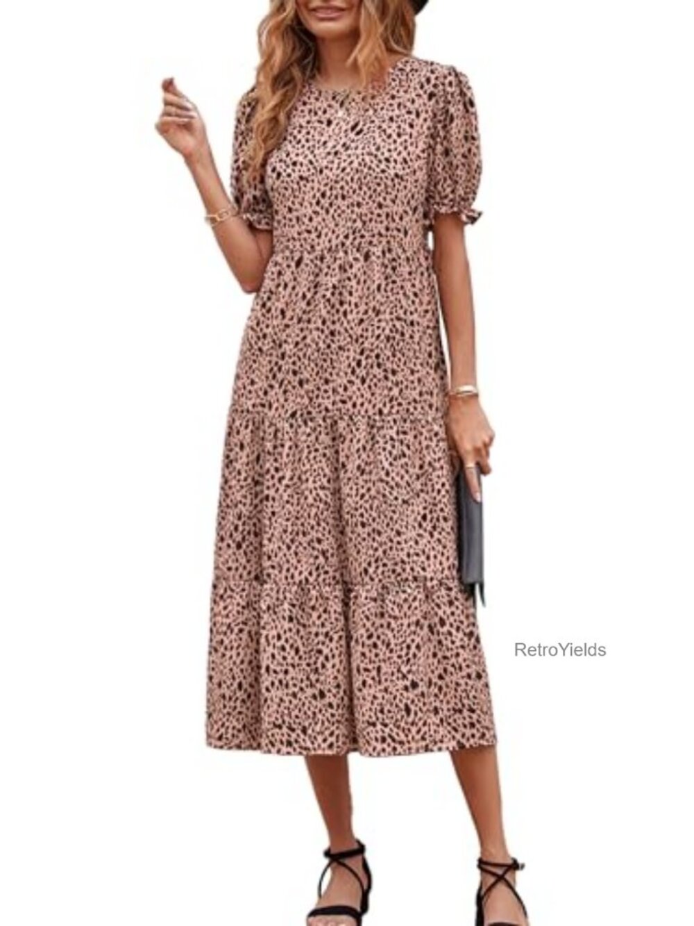 Womens Floral Print Midi Dress Puff Short Sleeve A-Line Bohemian Summer